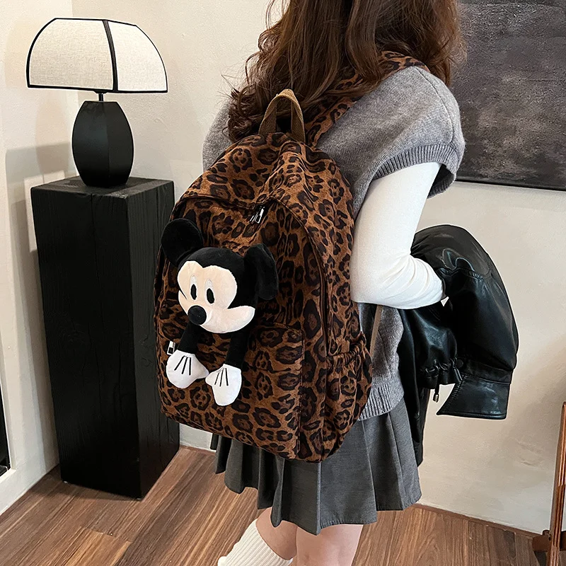 Disney Mickey Mouse Cartoon Leopardenmuster trendige coole Schüler Schultasche Freizeit leichte Reise Rucksack mit großer Kapazität