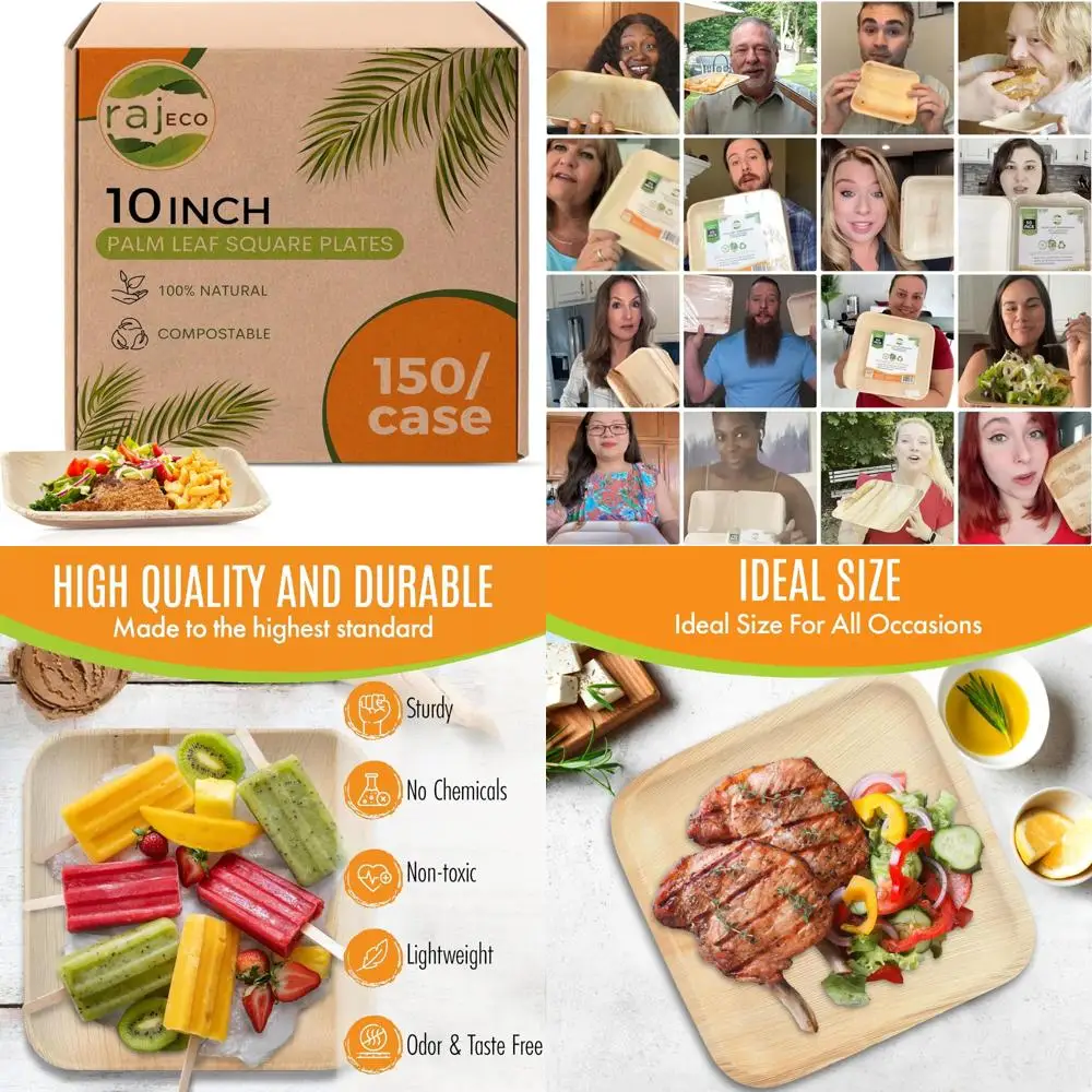 

Disposable Palm Leaf Square Plates - Bulk 150 Pack, Strong and Decorative for Eco-Friendly Catering and Events
