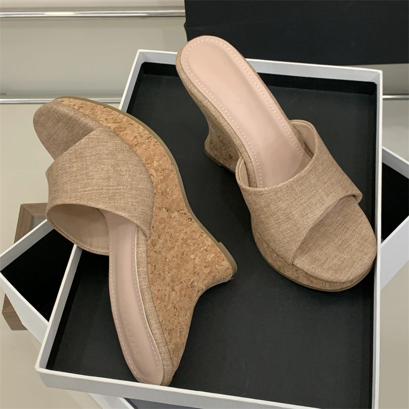

Aneikeh Fashion Comfortable Soft Leather Wood Grain Platform Wedges Women Slippers 2026 Summer Peep Toe High Heels Shoes