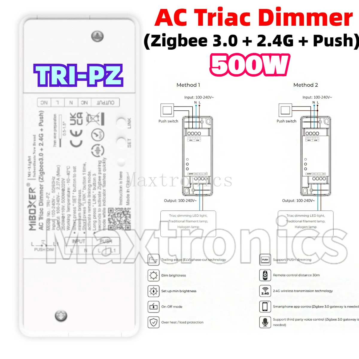 Miboxer TRI-PZ 500W AC Triac Dimmer (Zigbee 3.0 +2.4GHz + Push) Brightness Adjustable Google Home Alexa Triac Dimmable LED Lamps