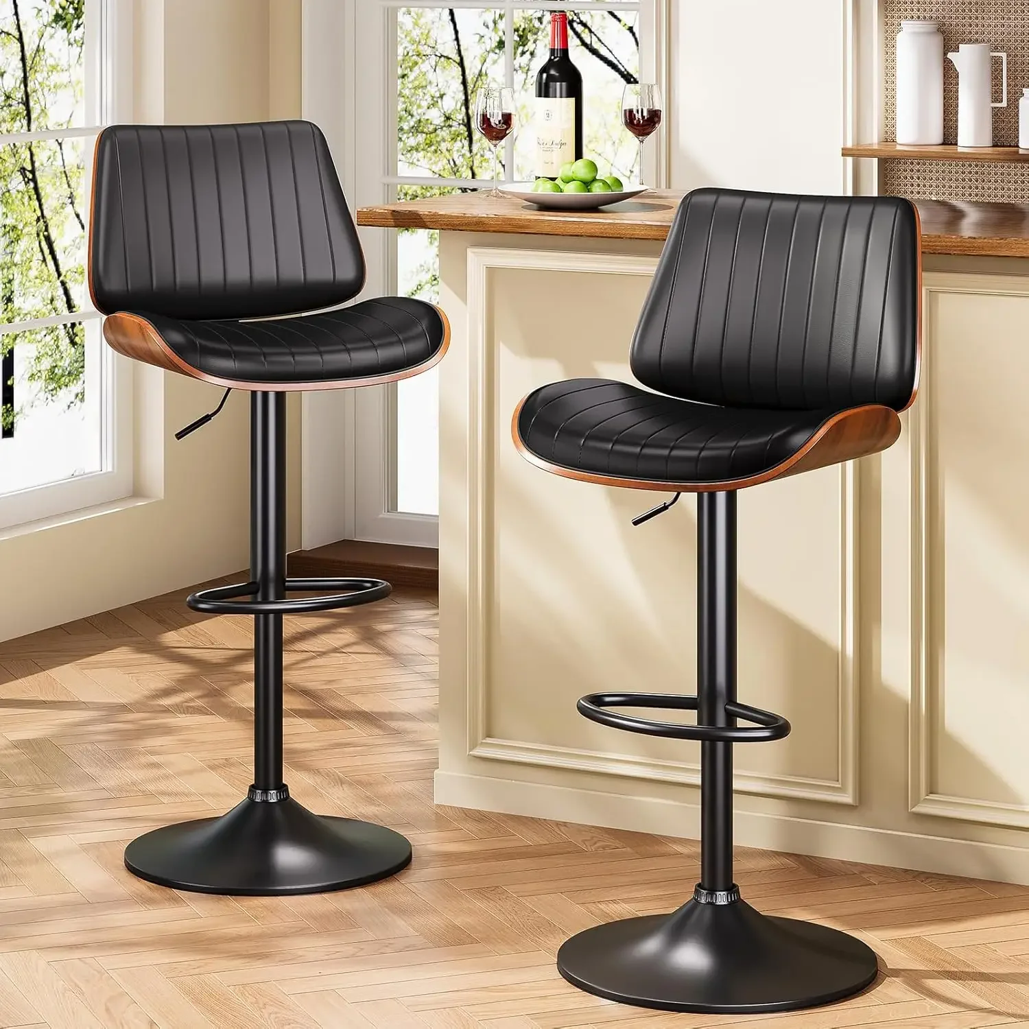 

Bar Stools Set of 2, Bar Stools for Kitchen Island with Bentwood Back and Leather Seat, Swivel Bar Stools for Kitchen Counter,