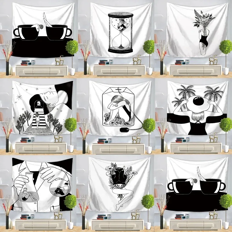 Office Living Room Tapestry Simple Black and White Hourglass Hanging Cloth Home Wall Decoration Tapestry