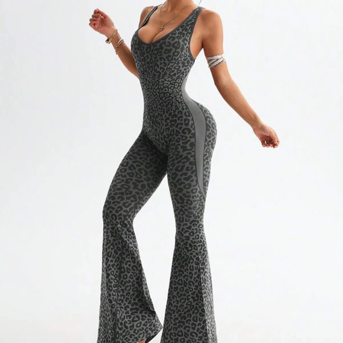 Women Leopard Print Yoga Jumpsuit Sexy Strap Open Back One Piece Workout Bodysuit High Elastic Slim Fitness Gym Sports Rompers