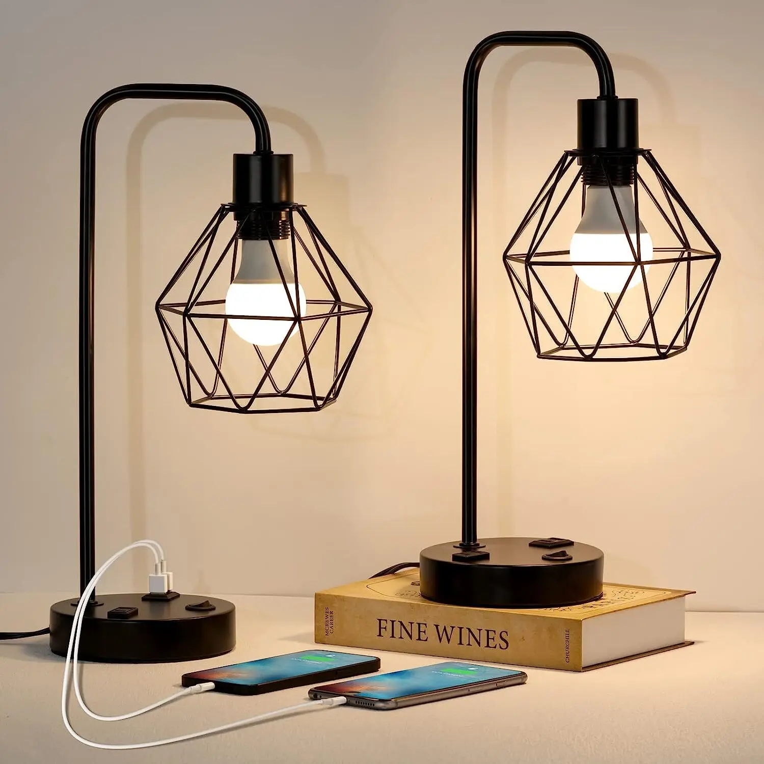 

Set of 2 Table Lamp w/USB Ports AC Outlet Geometric Shade for Bedroom