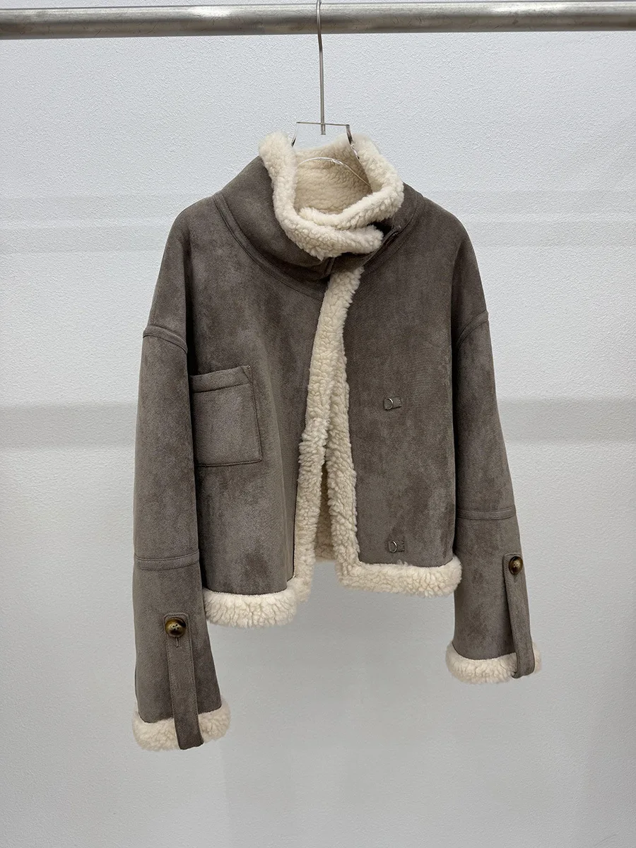 معطف قصير من الصوف المدبوغ من الفرو الصناعي للشتاء للنساء #3