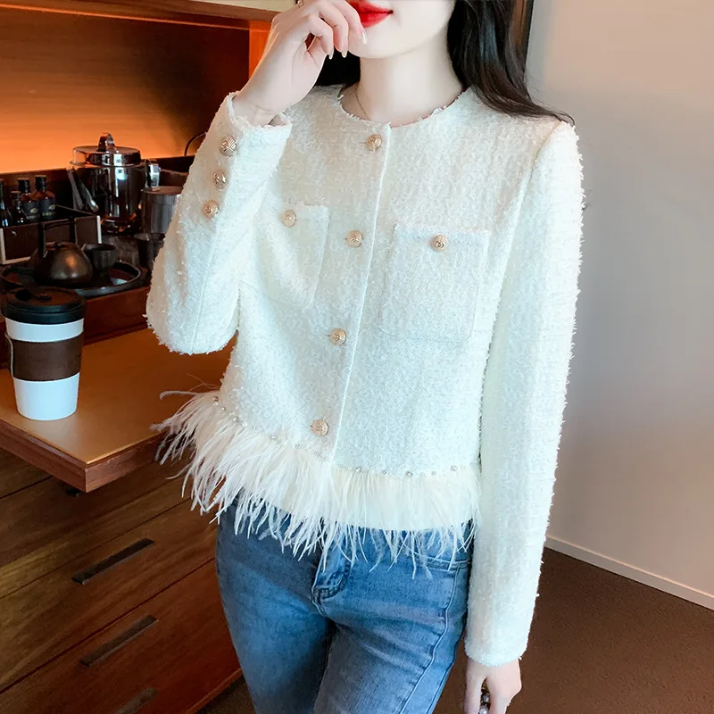 Coarse Tweed Round Neck Jacket Women's 2024 Autumn New Feather Tassels Coats