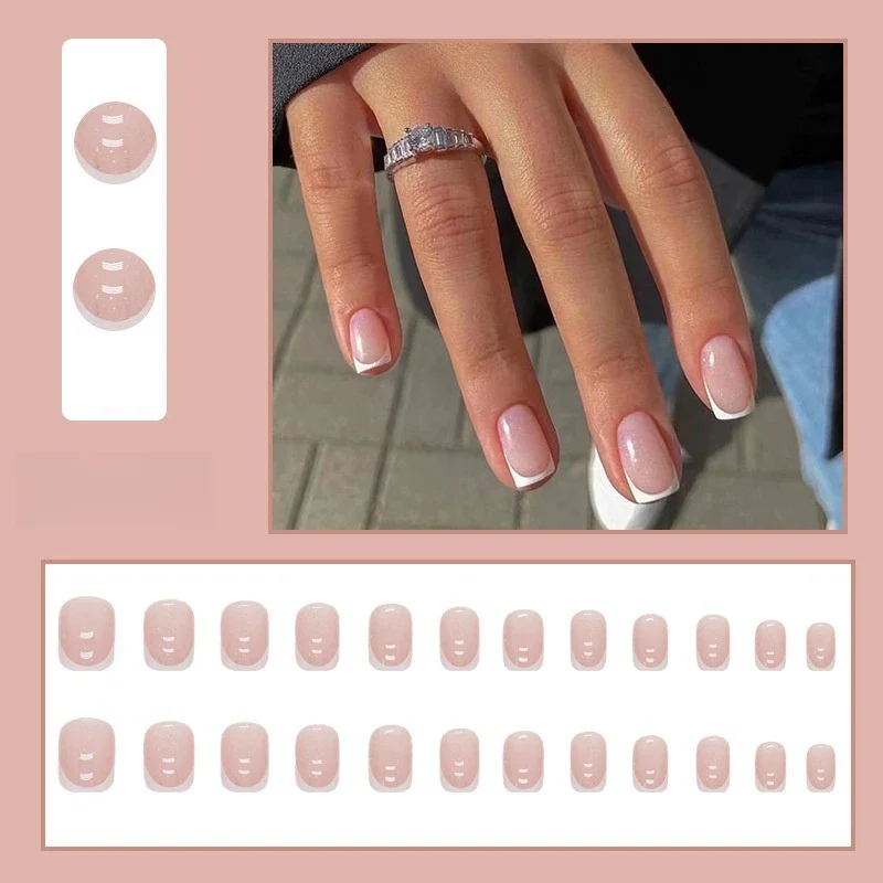 

24Pcs/Set Simple Cute Pink Press on Nail Art Glitter Pure Lust Stick Wearing False Nails White French Removable Fake Nails Tips