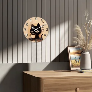 Retro lindo gato negro beber café patrón de café reloj de madera sala de estar dormitorio decoración del hogar reloj de pared reloj de cuarzo silencioso regalo de vacaciones 10 pulgadas 12 pulgadas 14 pulgadas 16 pulgadas (sin baterías) 8 Mejor Cat de reloj de ventas - №2