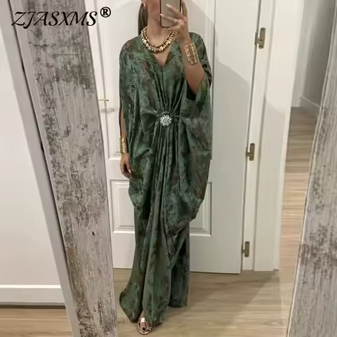 Spring Elegant Abstract Print Kaftan Dress Women's V Neck Batwing Sleeve Maxi Dress Bohemian Vacation Ruched Waist Evening Gowns