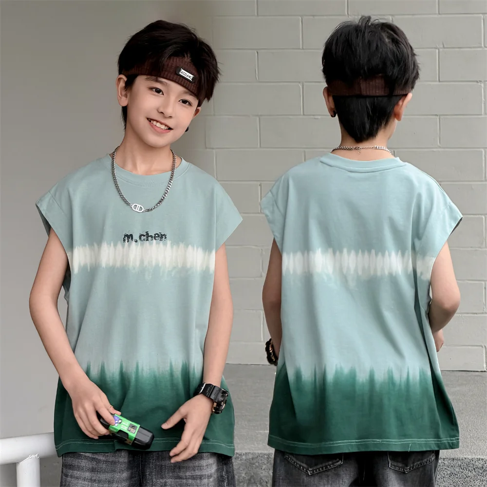 

New Summer Children Casual Cotton Tee Tops Tie Dye Print Sleeveless T-shirt for Kids Boys Gradient Blue Tshirt Outfit Age 5-14 Y