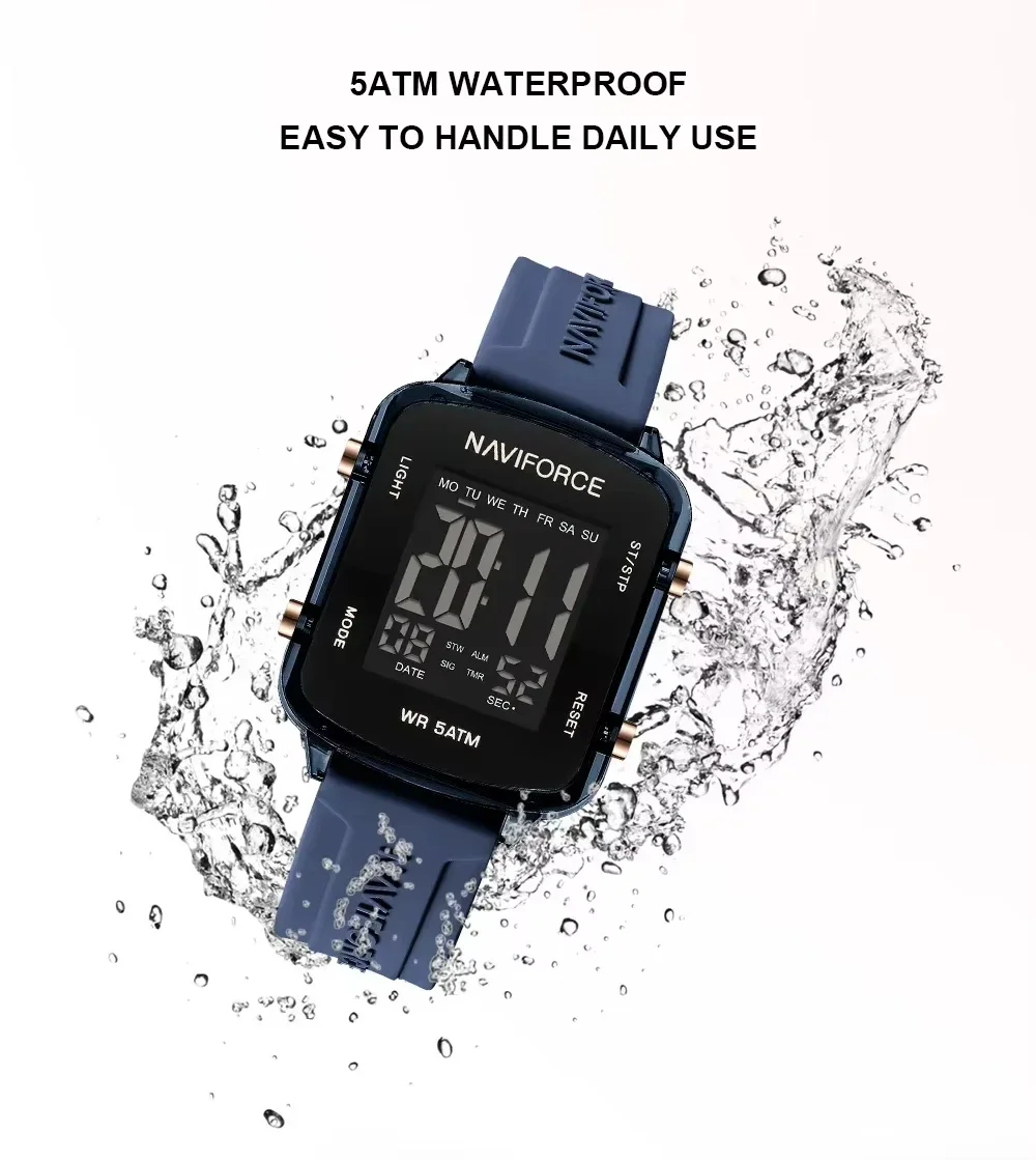 NAVIFORCE NF7120 ساعة رياضية مقاومة للماء للنساء شاشة LCD بحزام سيليكون للسيدات ساعات إلكترونية مربعة بسيطة