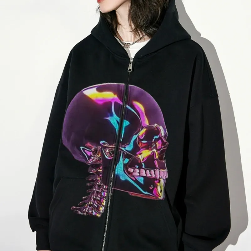 Y2k Women\'s Winter Hoodies Pullover Long Sleeve Oversize Streetwear Dark Skull Print Zipper Casual Top Vintage Sweatshirt 2024