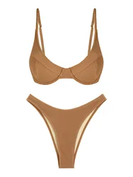 ZAFUL Women's Sexy Solid Color Textured Underwire Spaghetti Strap High Leg Cheeky Two Piece Bikini Swimwear