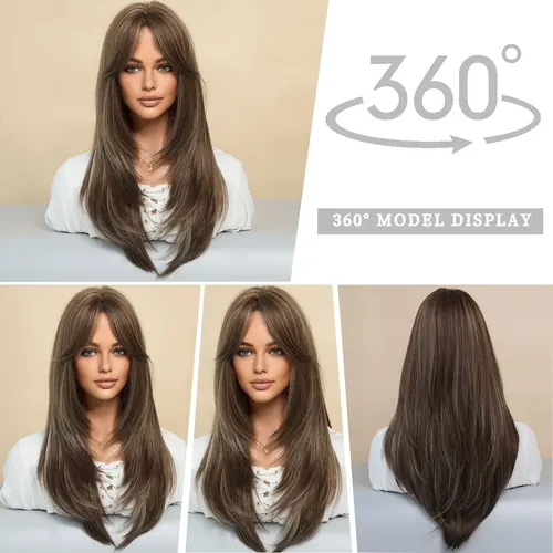 Imagen 2 del producto 7JHHWIGS Peluca rubia miel con flequillo Pelucas largas marrones para mujeres, pelucas sintéticas en capas resistentes al calor para uso diario