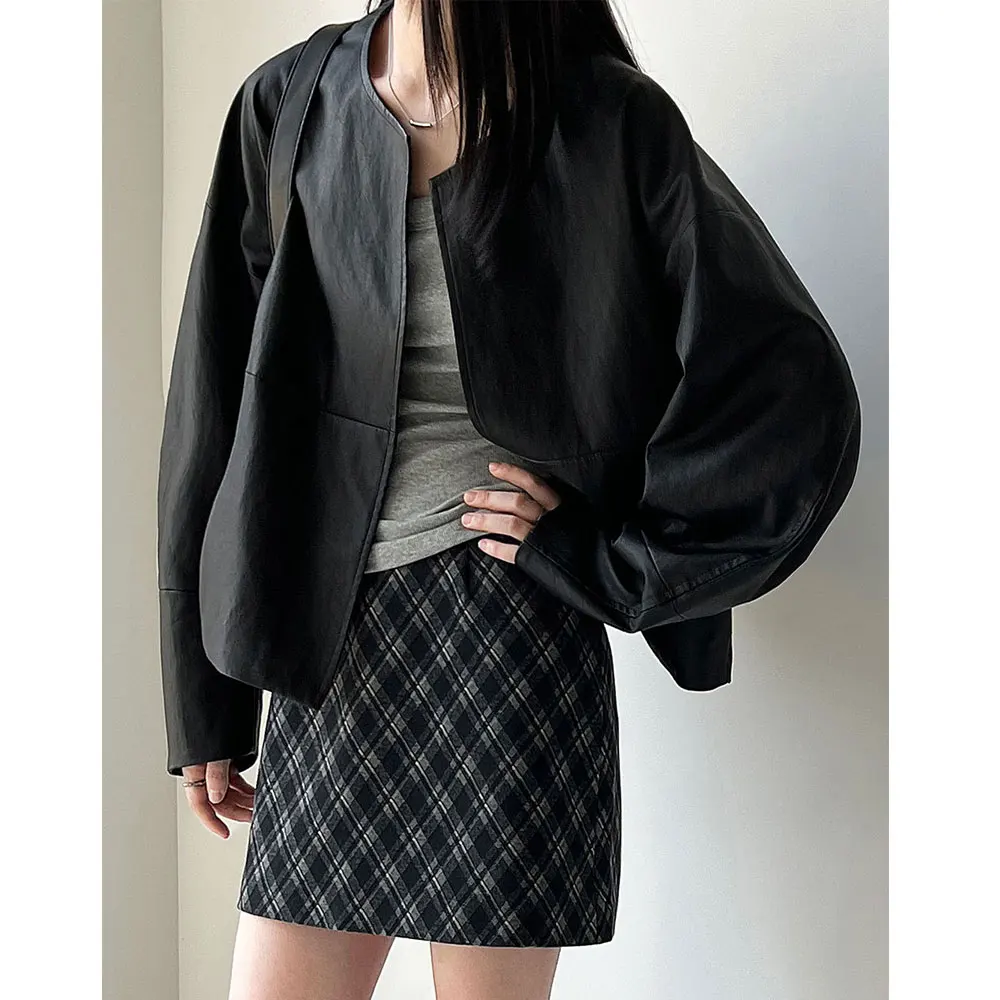 

2026 Spring Women Pu Leather Jacket 47% Cotton Coat Fashion Classic O-Neck Black Cool Jacket Femme Casaco Abrigo Streetwear