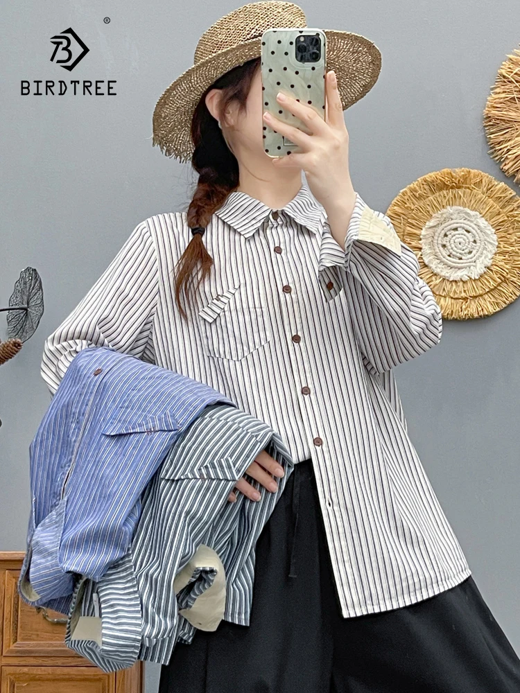 

Новинка 2025, осенняя хлопковая рубашка с длинным рукавом, женская рубашка с отложным воротником и карманами в полоску, модная повседневная свободная блузка Mori Girl T59017CC