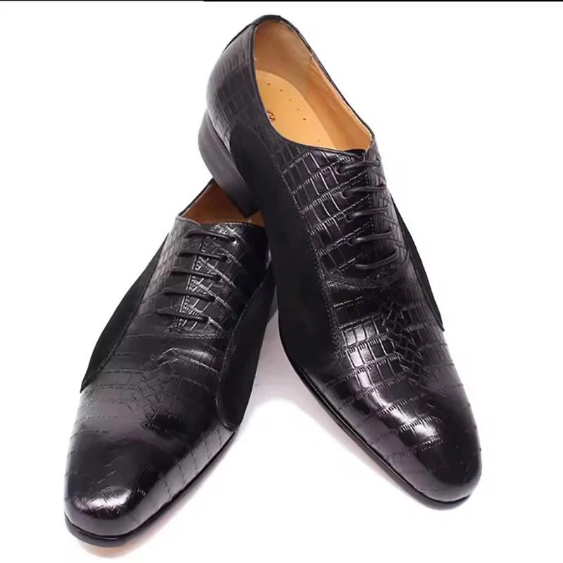 New Fashion Oxford Shoes Men Dress Shoes Lace-up Pointed Toe Office Genuine Leather Pattern Splicing  Shoes  for Men