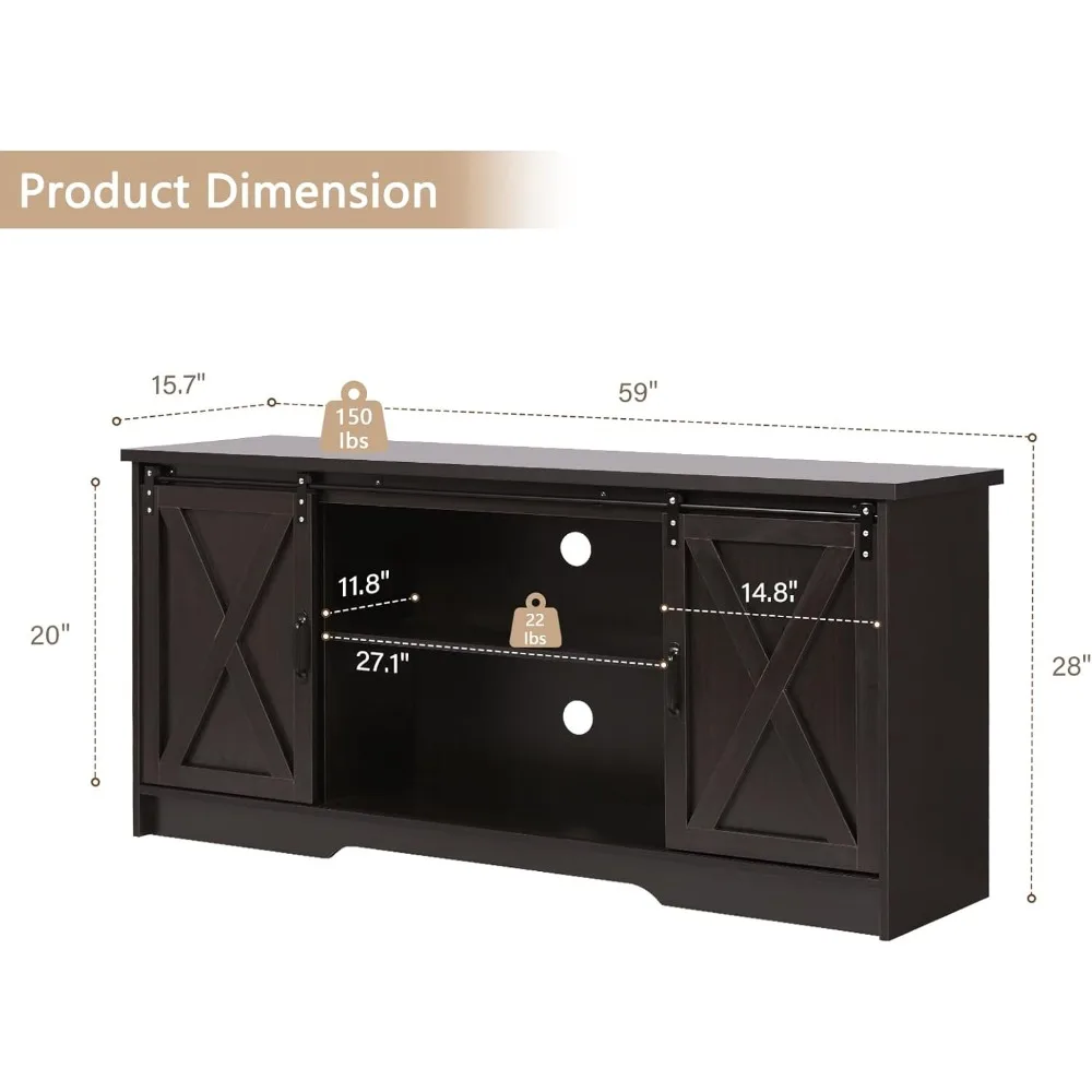 65インチテレビスタンド、スライド式納屋ドア付き、エスプレッソエンターテイメントセンター、大型テレビ用収納キャビネット