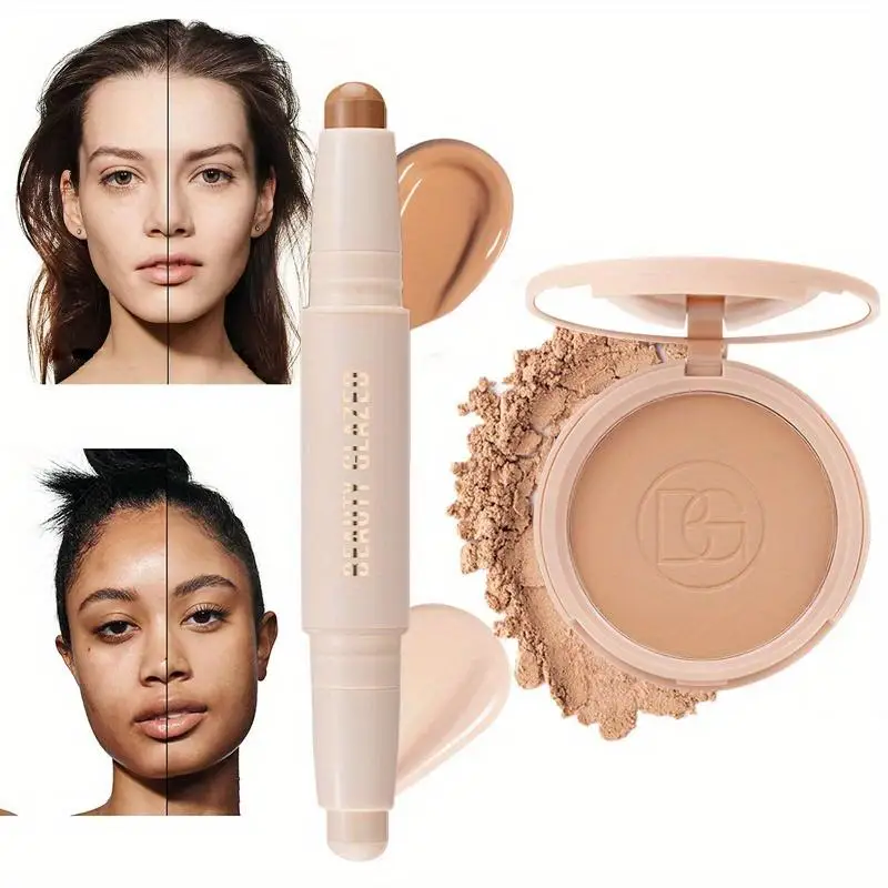 

2 Pcs Face Makeup Set 2 in 1 Double Head Contour Stick Highlighter Oil Control MatteWaterproof Long Lasting Pressed Powder
