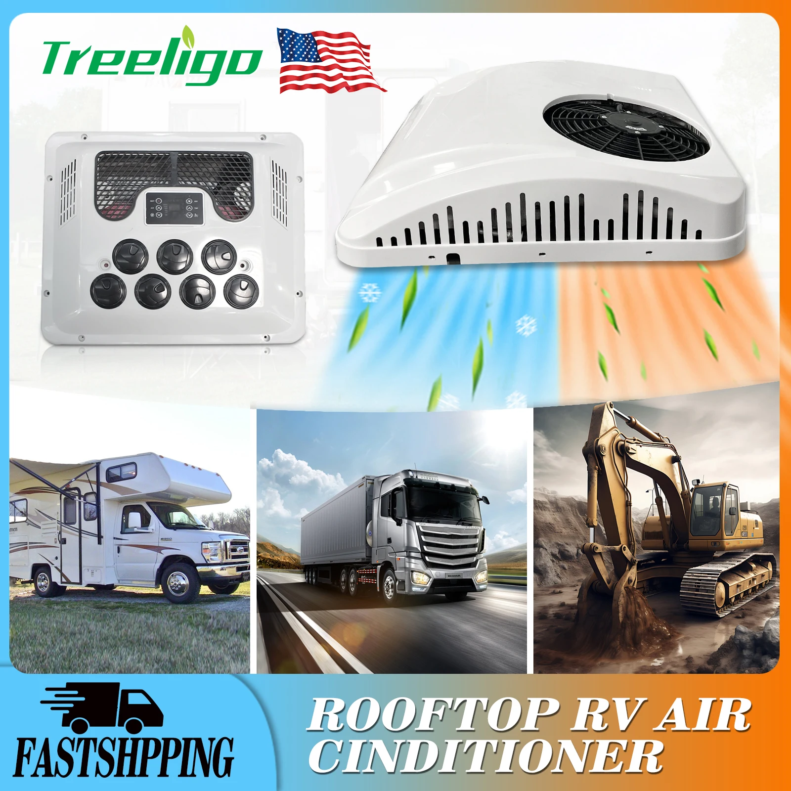 Treeligo 12V 13500BTU RV  Rooftop Air Conditioner Heat&Cool Electric Parking ac Unit for RV Truck Camper Van Caravans Motor home