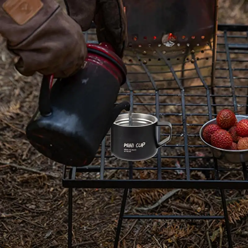 Camping Coffee Mug Outdoor With Handle Metal Camping Cup Double-Layer Matte Coffee Cup Lanyard-Attached For Hiking