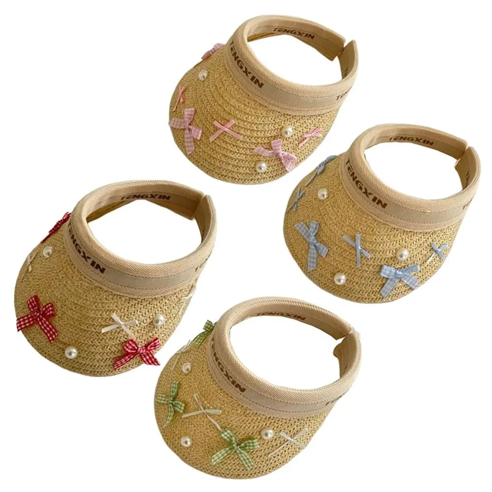 

Bowknot Kids Summer Straw Hat Wide Brim Empty Top Large Brim Sun Visor Cap Breathable Comfortable Empty Top Baseball Cap
