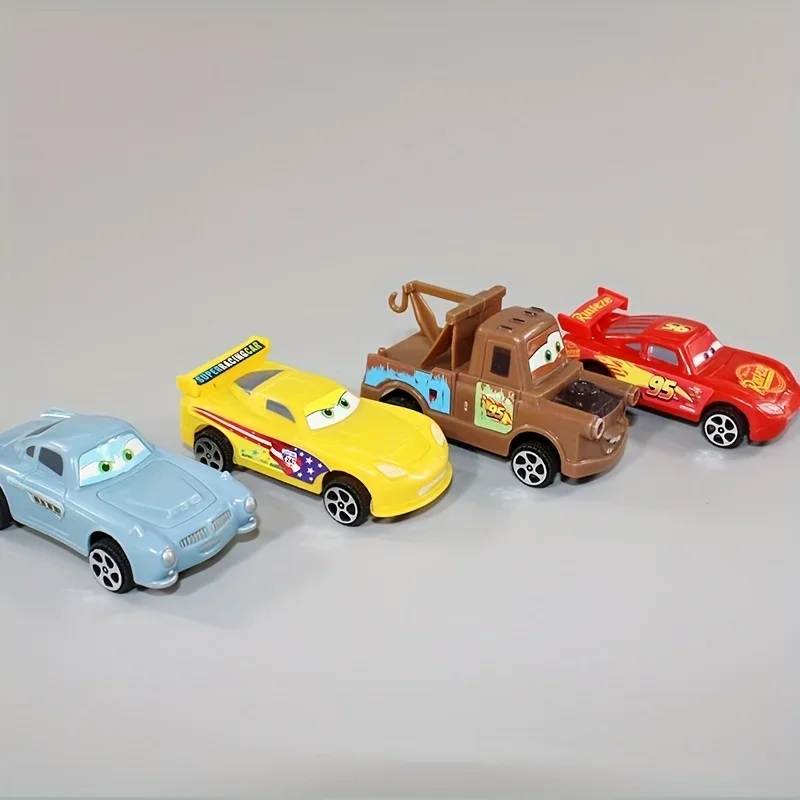 4pcs Disney Lightning McQueen Simulation Car Model Toy, Plastic Toy Car，Sheriff's Board Teeth Racing Boy Birthday Gift