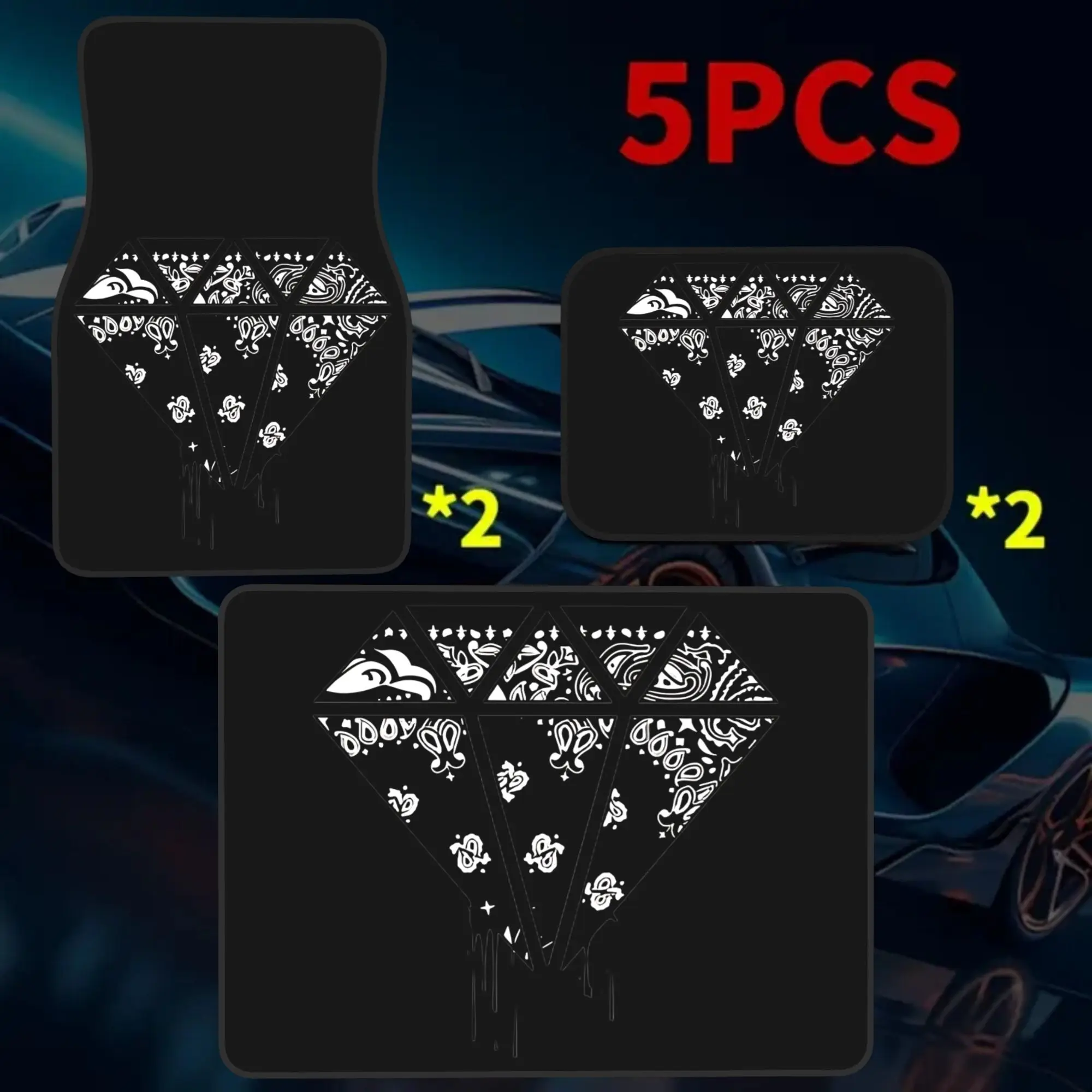 2D Flat Printing 5pcs Paisley Dripping Diamond Printed Car Mats Set (4 Floor Mats + 1 Trunk Mat), Made Of Durable Elegant Interi