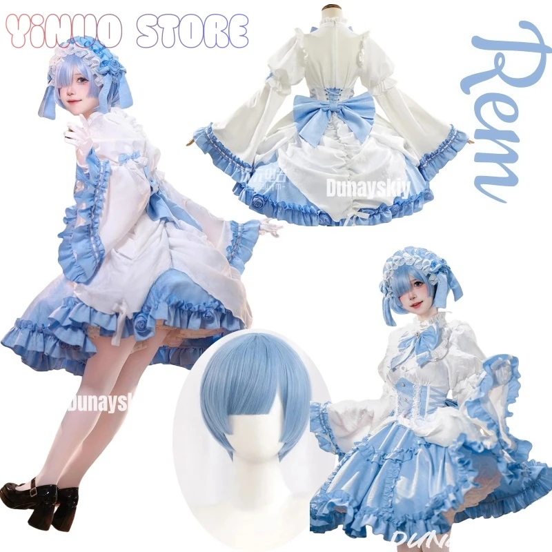 

Rem Cosplay Anime Re:Zero Costume Sweet Elegant Gothic Style Formal Dress Full Set Halloween Party Role Play Clothing