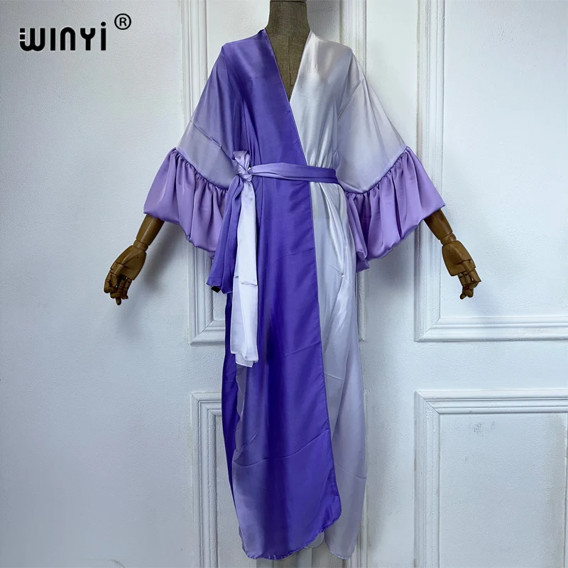 WINYI stopniowy nadruk sukienka z paskiem kobiety eleganckie letnie wakacje kardigan z rękawami bąbelkowymi odzież plażowa strój kąpielowy narzutka kimono