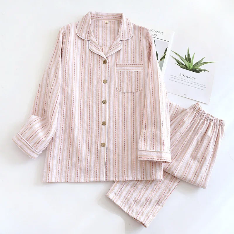 Новинка 2025 года, пижамный комплект для пар, 100% хлопок, полосатая одежда с длинными рукавами, весна-лето, домашняя одежда из двух предметов