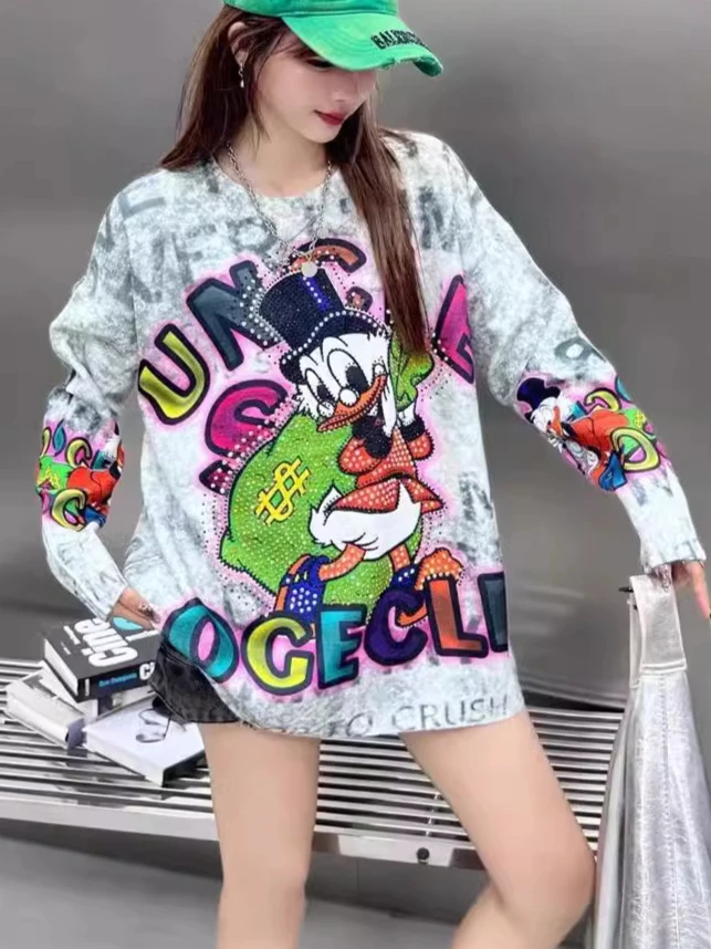 Heavy Industry Cartoon Printed Long Sleeve Sweater Loose Women's Clothing 2024 Autumn and Winter New Crew Neck Pullover Tops