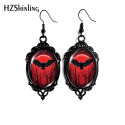 2024 New Black Bat Moon Halloween Dangle Earring Black Lace Earrings Oval Glass Photo Jewelry Gifts Party