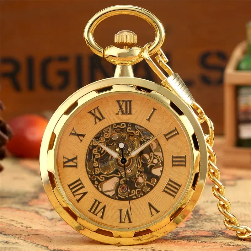 

Vintage Roman Numerals Dial Golden Handwinding Mechanical Pocket Watch Luminous Hands Pendant Chain Roman Number Dial Gift