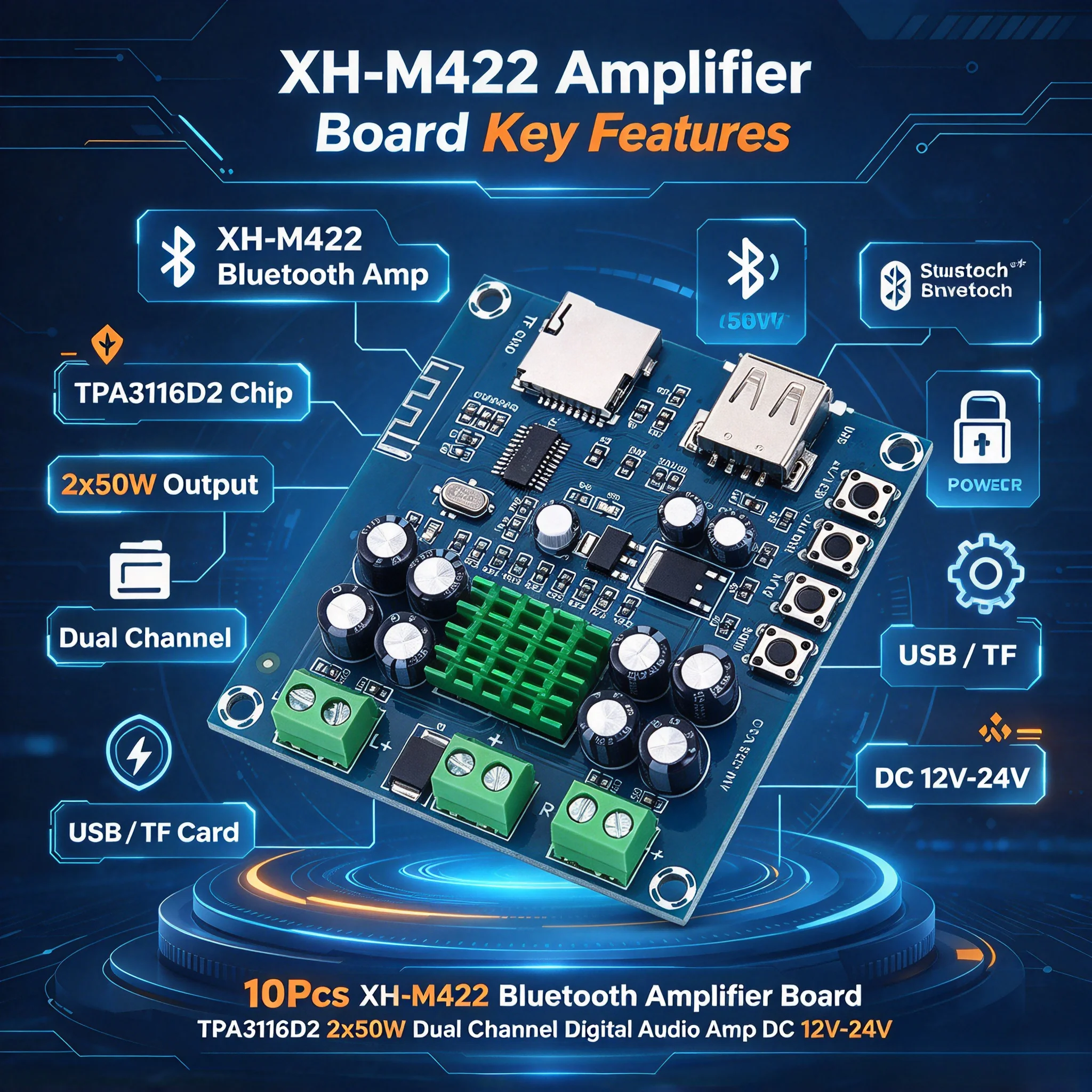 10Pcs XH-M422 Bluetooth Amplifier Board TPA3116D2 2x50W Dual Channel Digital Audio Amp DC 12V-24V