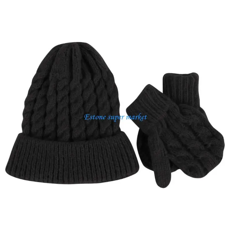 

090B Winter Warm Baby Knitting Wool Hat Gloves Set Solid Color Crochet Cap Mitten for Kids Children Girls Boys