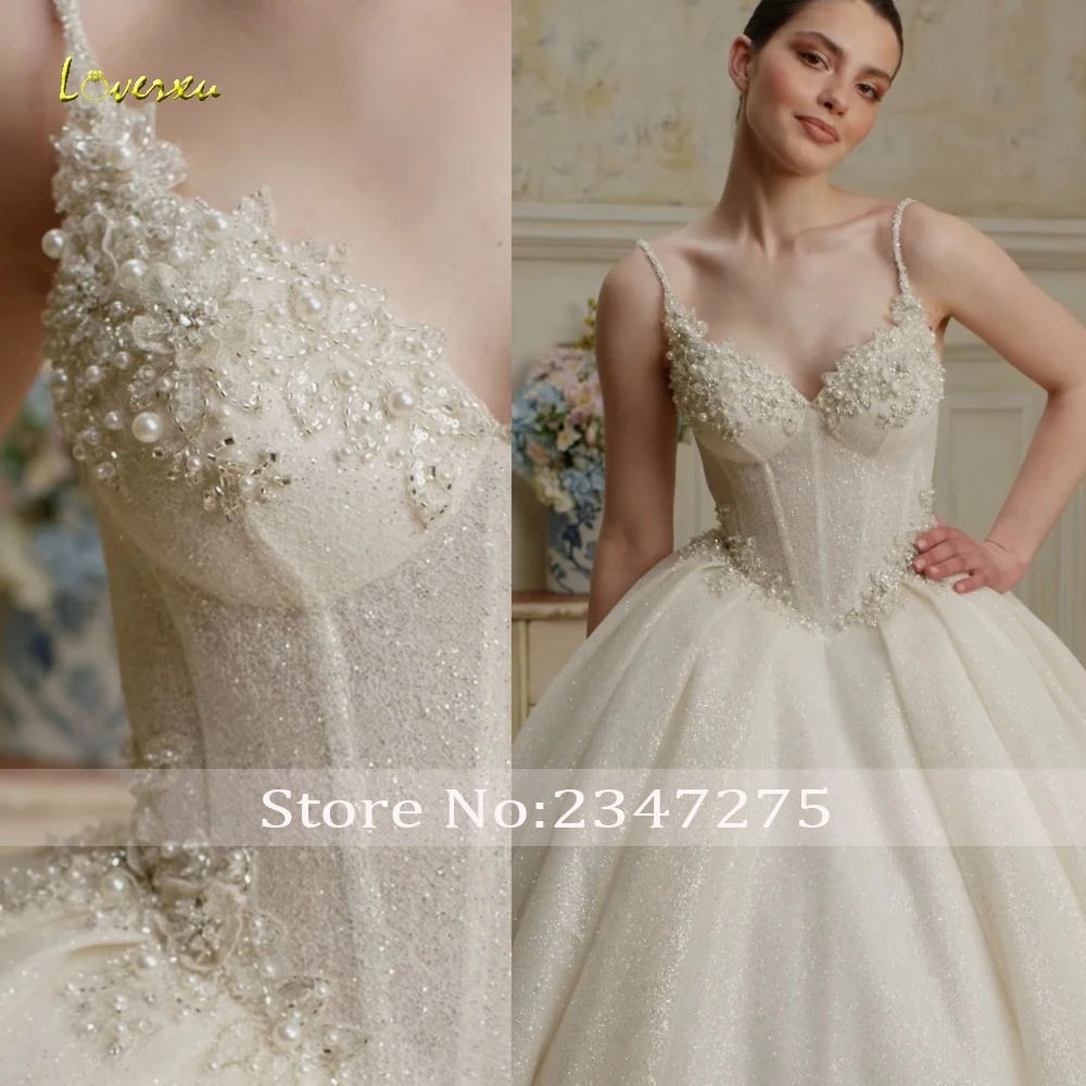 Loverxu A-Line Graceful Wedding Dresses Spaghetti Strap Vestido De Novia Lace Embroidery Glitter Beaded Custom Made Bridal Gown
