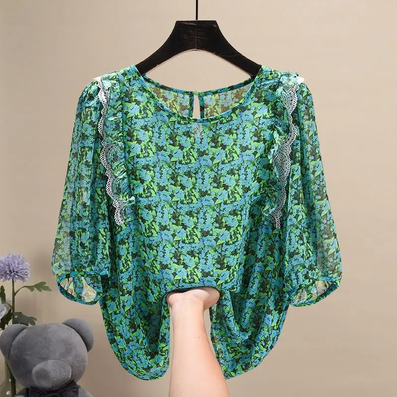 

Chiffon Blouse Summer Lace Trim Short Sleeve Chic French Style Top