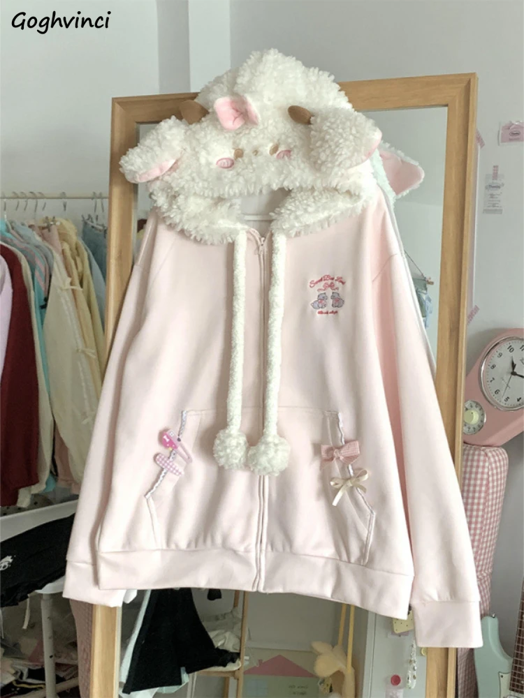 Sweet Hooded Hoodies for Women Kawaii Lambswool Coat Korean Fashion Preppy Style Young Students Harajuku Autumn Outwear Casual