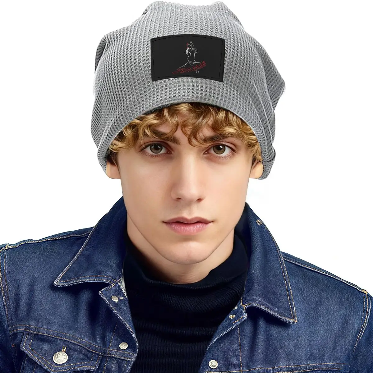 Spain Flamenco Dancer Front Waffle Knit Fleece Lined Beanie with PU Leather Patch Unisex Warm Winter Soft Cap