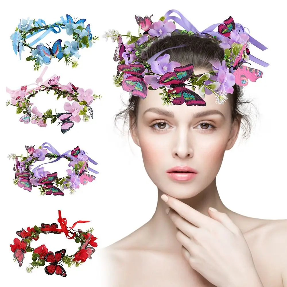 

Delicate Butterfly Floral Wreath Bohemian Blue Bridal Wedding Hair Accessories Photo Props Headwear for Women Girls