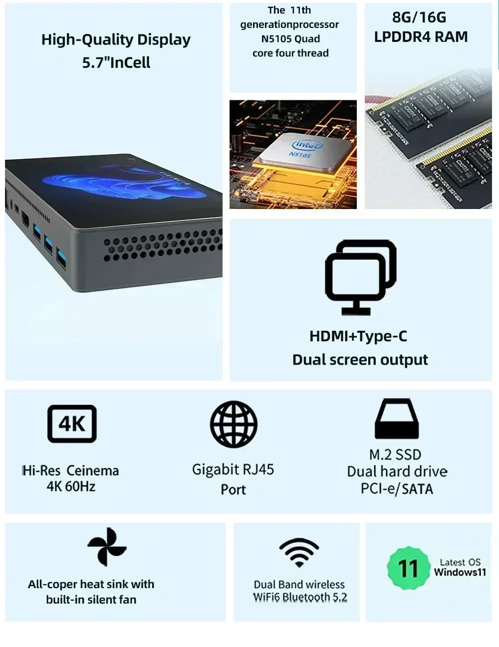SZBOX S1 Pocket Mini PC Windows 11 Pro WiFi6 BT5.2 DDR4 M.2 2280 NVMe /SATA LAN كمبيوتر طاولة صغير HD Type-C شاشة كمبيوتر مكتبي