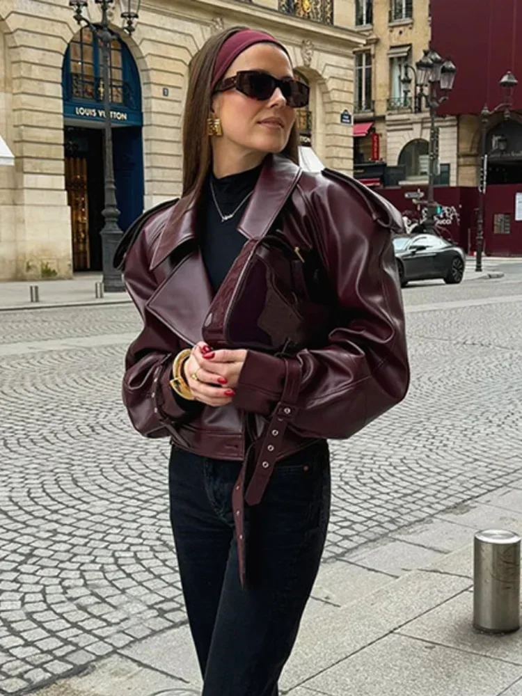 Chic Wine Red Faux Leather Zipper Woman\'s Jacket Vintage Lapel Long Sleeve Loose Coats 2024 New Fashion Casual Autumn Streetwear