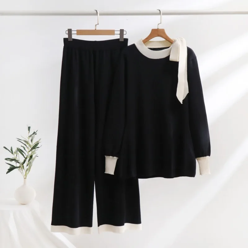 여성용 우아한 붕대 니트 세트, 캐주얼 2 피스 바지, 탑 매칭 세트, 섹시한 슬릿 니트 2 피스 세트, 겨울