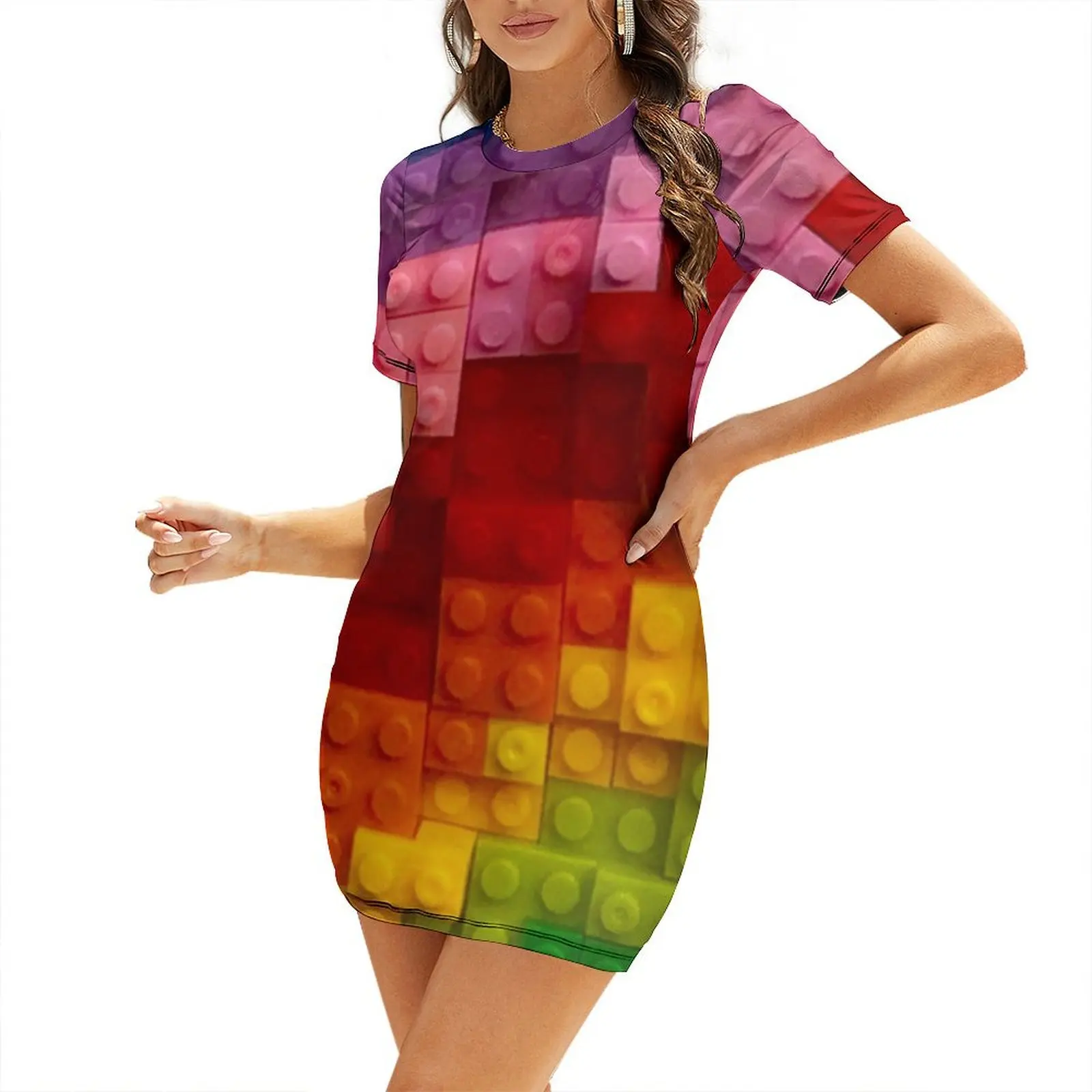 

Building block style rainbow colours Short Sleeved Dress summer dresses for women 2025 Woman's evening dress