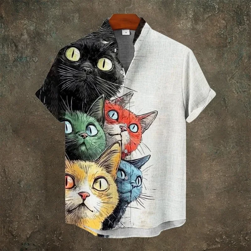 

Japanese Cat Print Men's Linen Short Sleeve Shirt Holiday Korean Fashion Stand Collar Buttons Harajuku Sports Blouse Vintage Top
