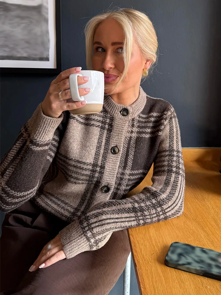 

HH женские новые модные шикарные вязаные пальто с круглым вырезом в клетку с длинными рукавами, однобортные женские осенние повседневные свободные кардиганы