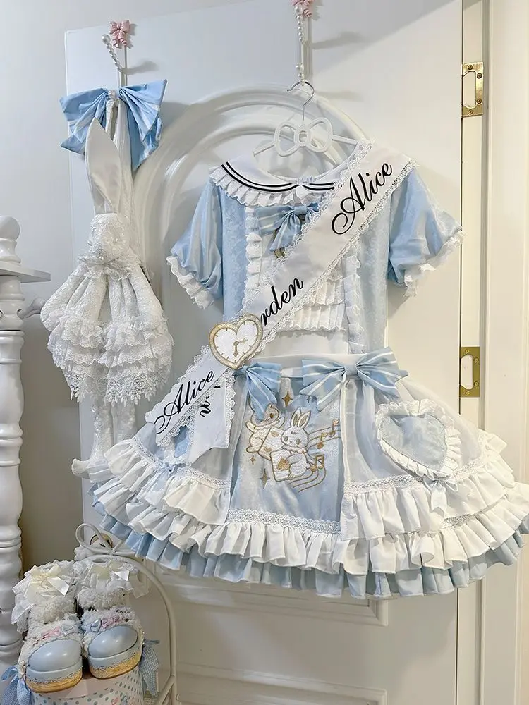 Sweet Alice Theme Lolita Dress Women Light Blue Sailor Collar Bunny Embroidery Tiered Cake Skirt Female Kawaii Tea Party Outfit