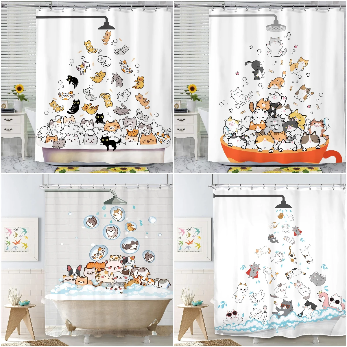 Cute Animals Bathing Cats Dogs Cartoon Shower Curtain Bath Head Bathtub Pattern Kids Child Bathroom Decor Polyester Bath Curtain