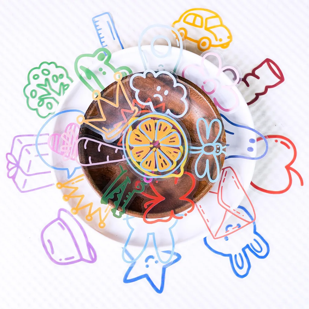 Clear PET Color Line Drawing Sticker Pack 56 PCS Aesthetic Minimal Decorative Stickers for Notebook Golden Memory Stickers Store